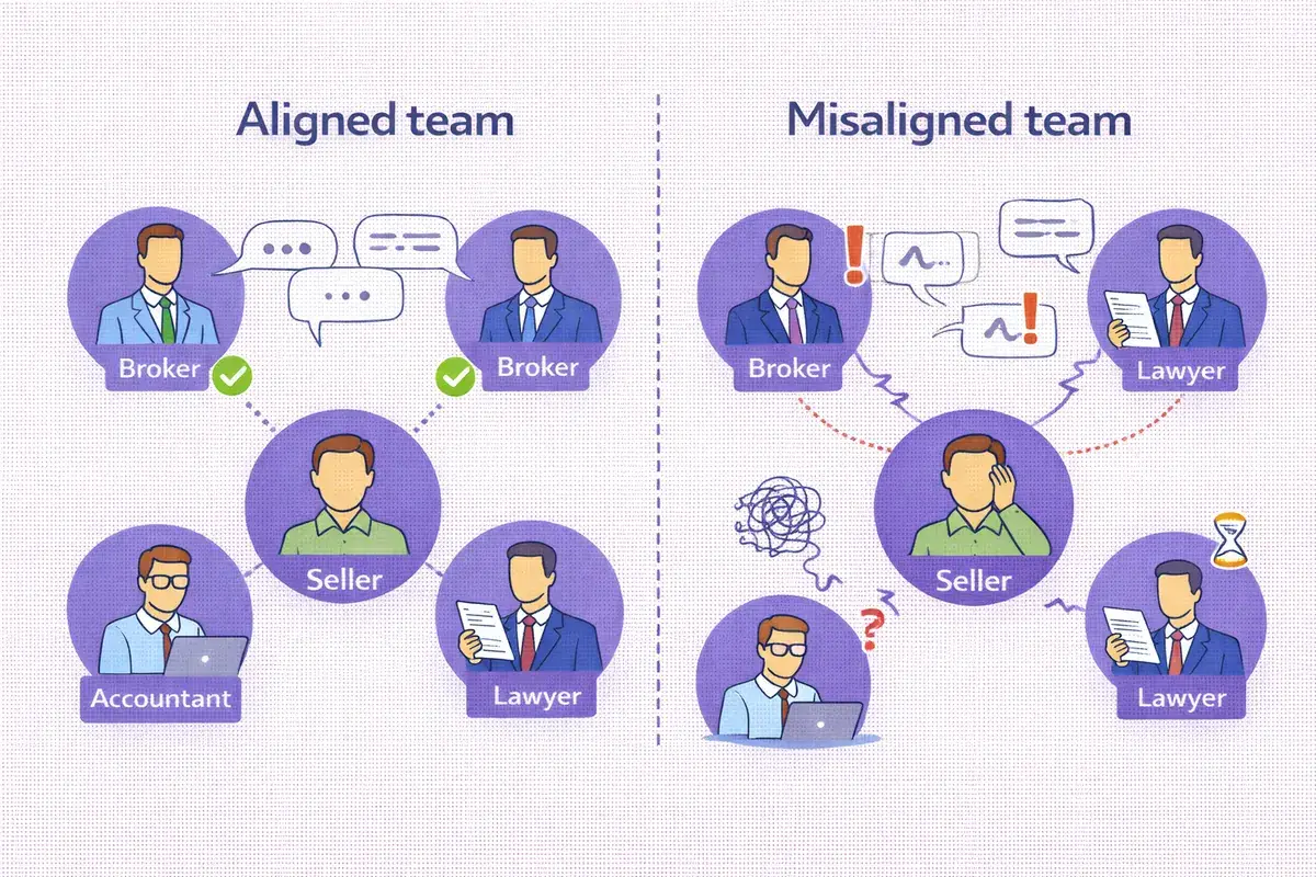 Visual comparing an aligned advisory team versus a misaligned team in a business sale showing clear communication versus confusion delays and frustration Future Business Brokers Pty Ltd materials
