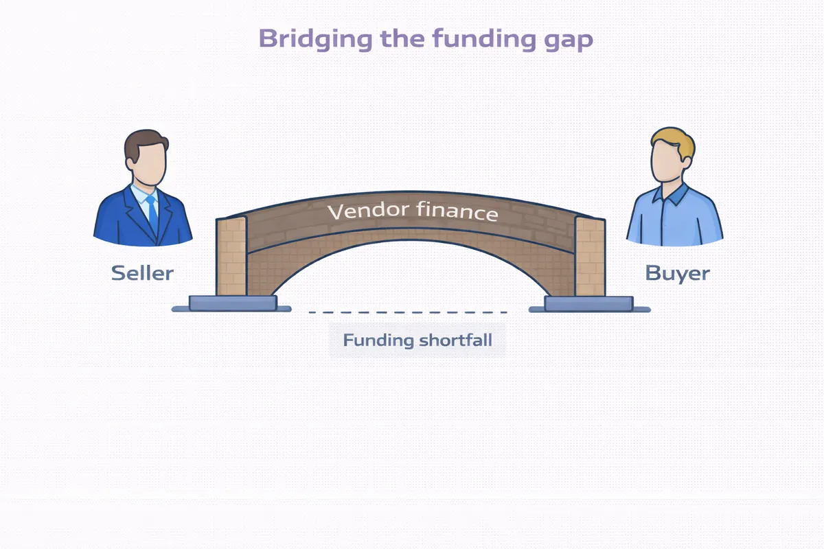 Diagram showing how vendor finance bridges the funding gap between a seller and a buyer when selling a business - future business brokers pty ltd melbourne australia