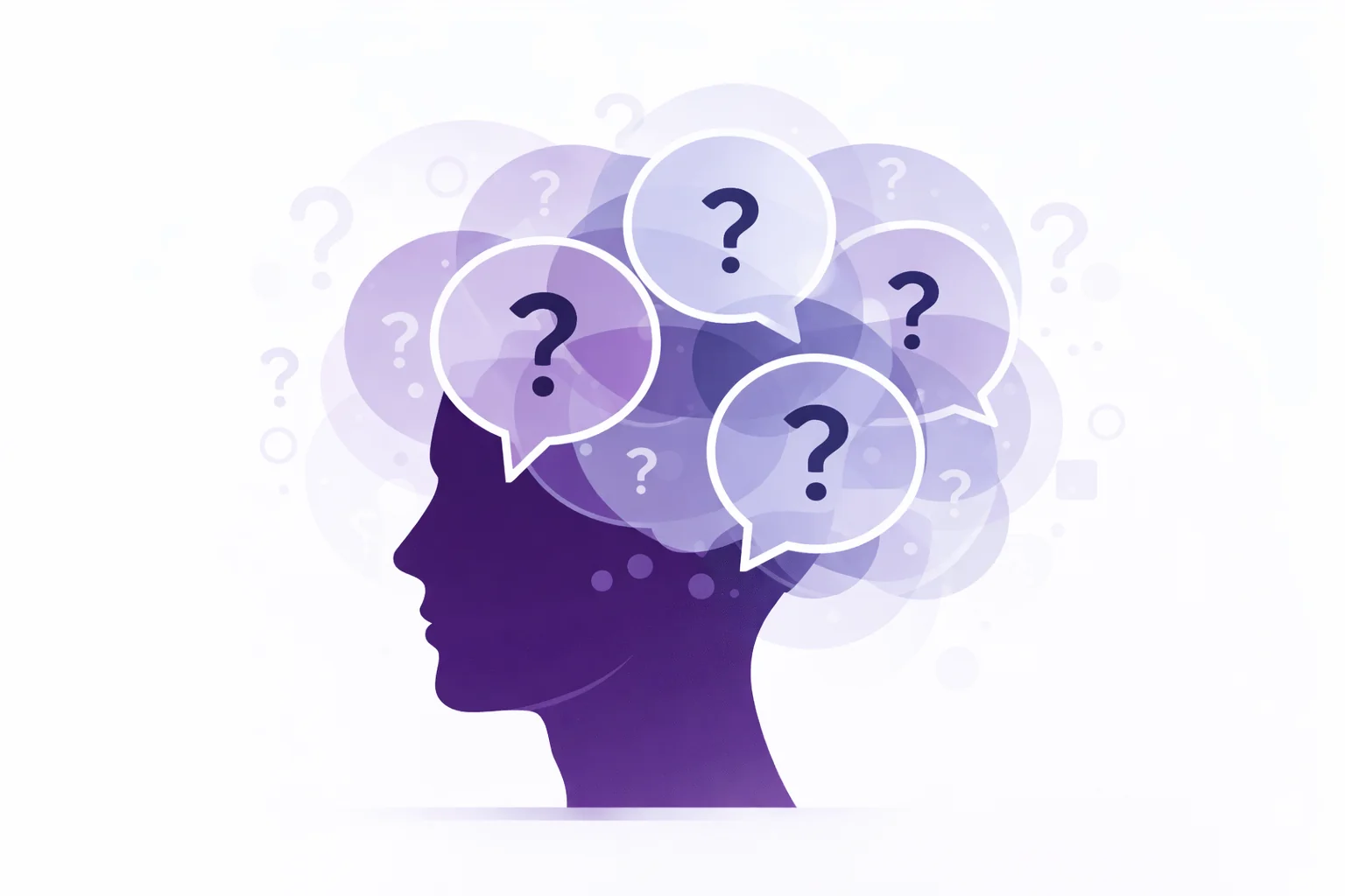 Abstract illustration showing overlapping thoughts and question marks representing mental load and uncertainty before a business exit Future Business Brokers Pty Ltd