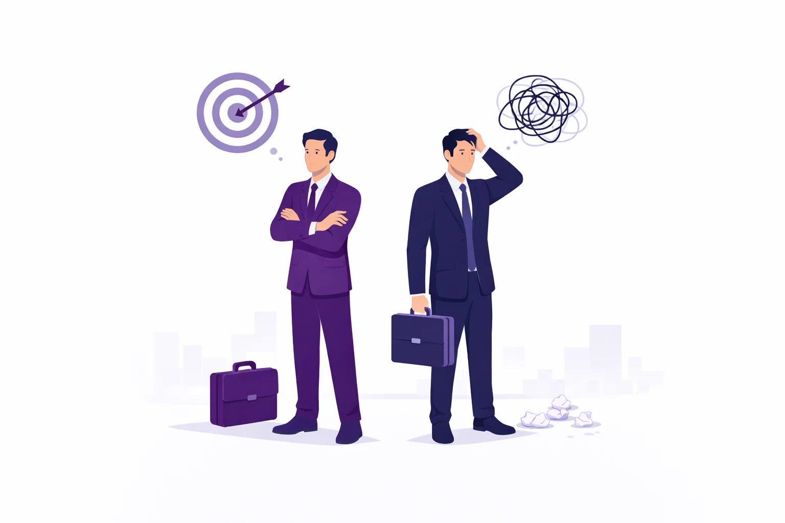 Illustration comparing a prepared business owner with a clear plan versus an unprepared owner showing confusion and uncertainty Future Business Brokers Pty Ltd