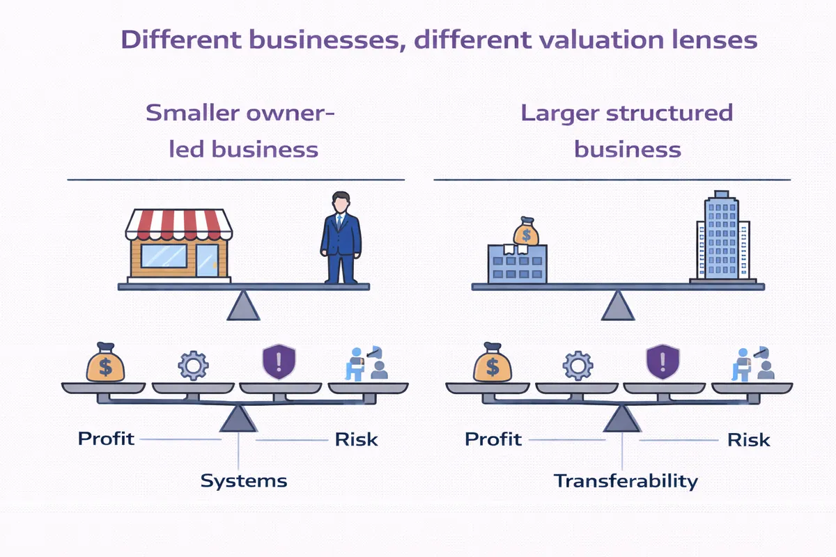 Diagram comparing different valuation lenses for smaller owner led businesses and larger structured businesses across profit systems risk and transferability