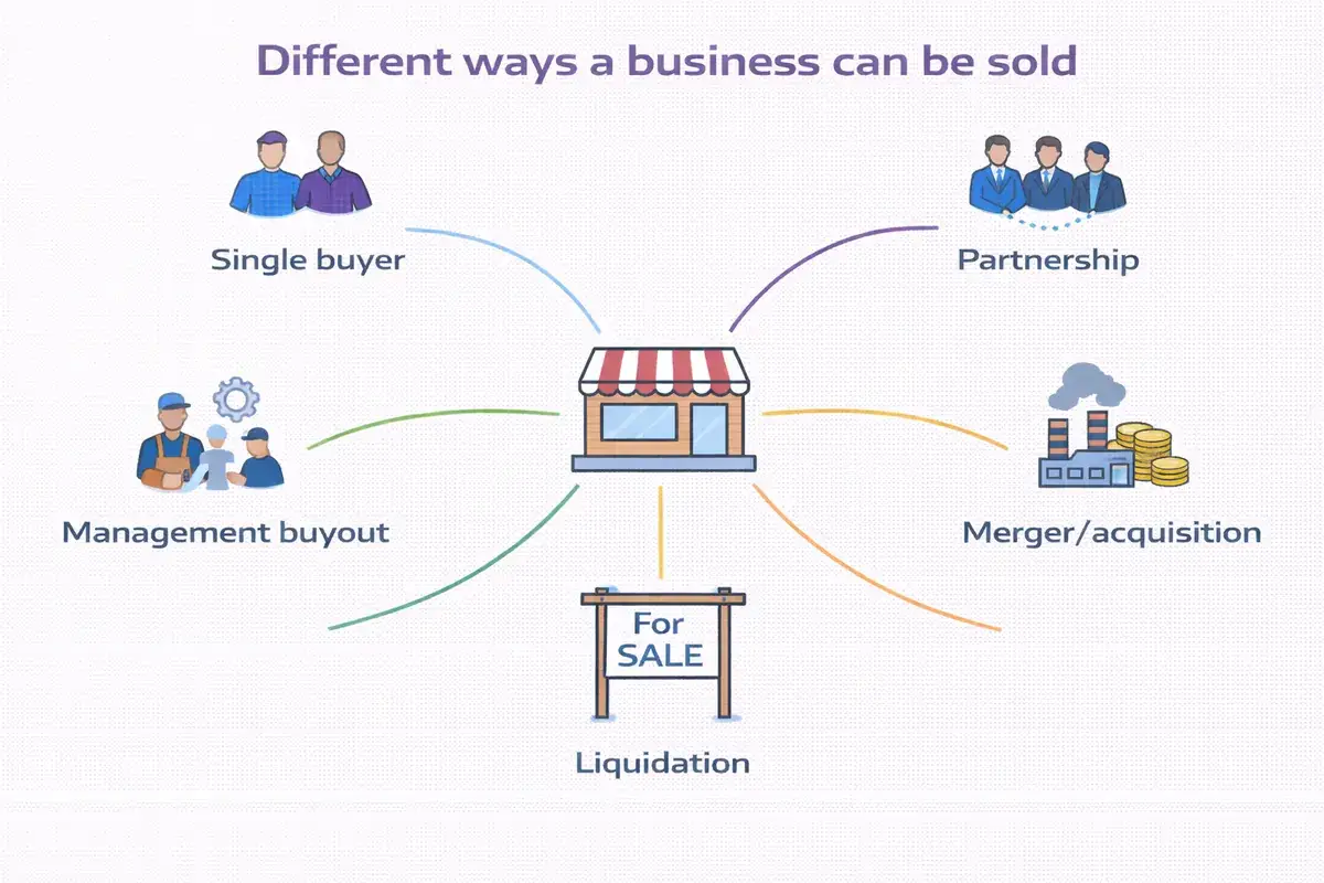 Diagram showing different ways a business can be sold including single buyer partnership management buyout merger acquisition and liquidation