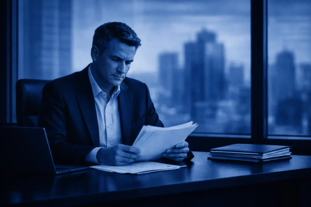 Professional image of business owner reviewing paperwork related to documents buyers ask for during business sale in Melbourne Victoria – Future Business Brokers Pty Ltd