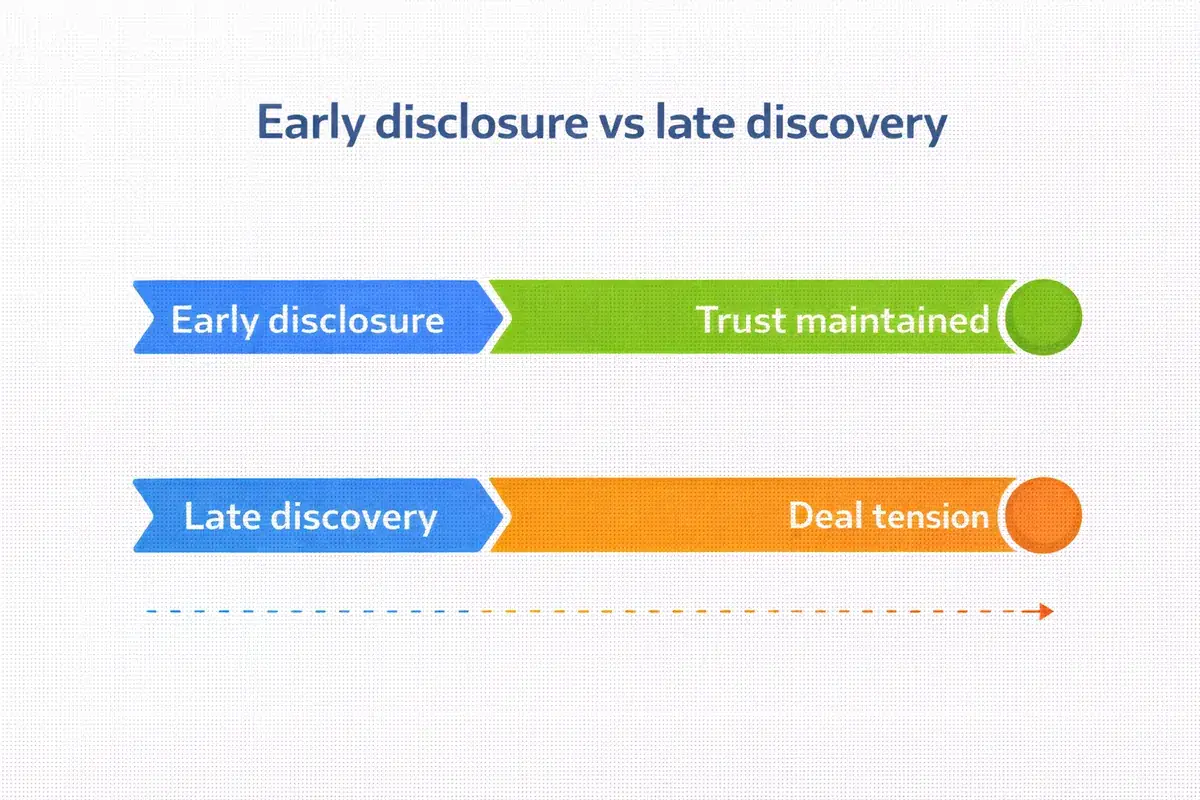 Diagram comparing early disclosure versus late discovery in a business sale showing trust maintained versus deal tension Future Business Brokers Pty Ltd