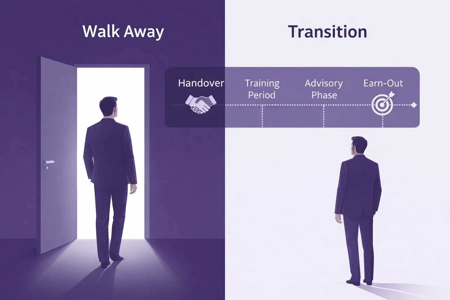 Infographic showing business owner walking away versus structured transition timeline after selling a business in Melbourne VIC