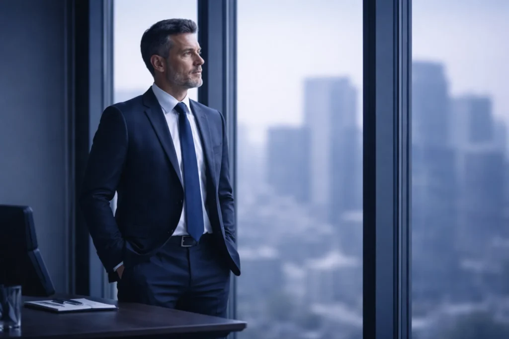 Professional business owner in corporate office overlooking Melbourne skyline reflecting on transition period after selling a business
