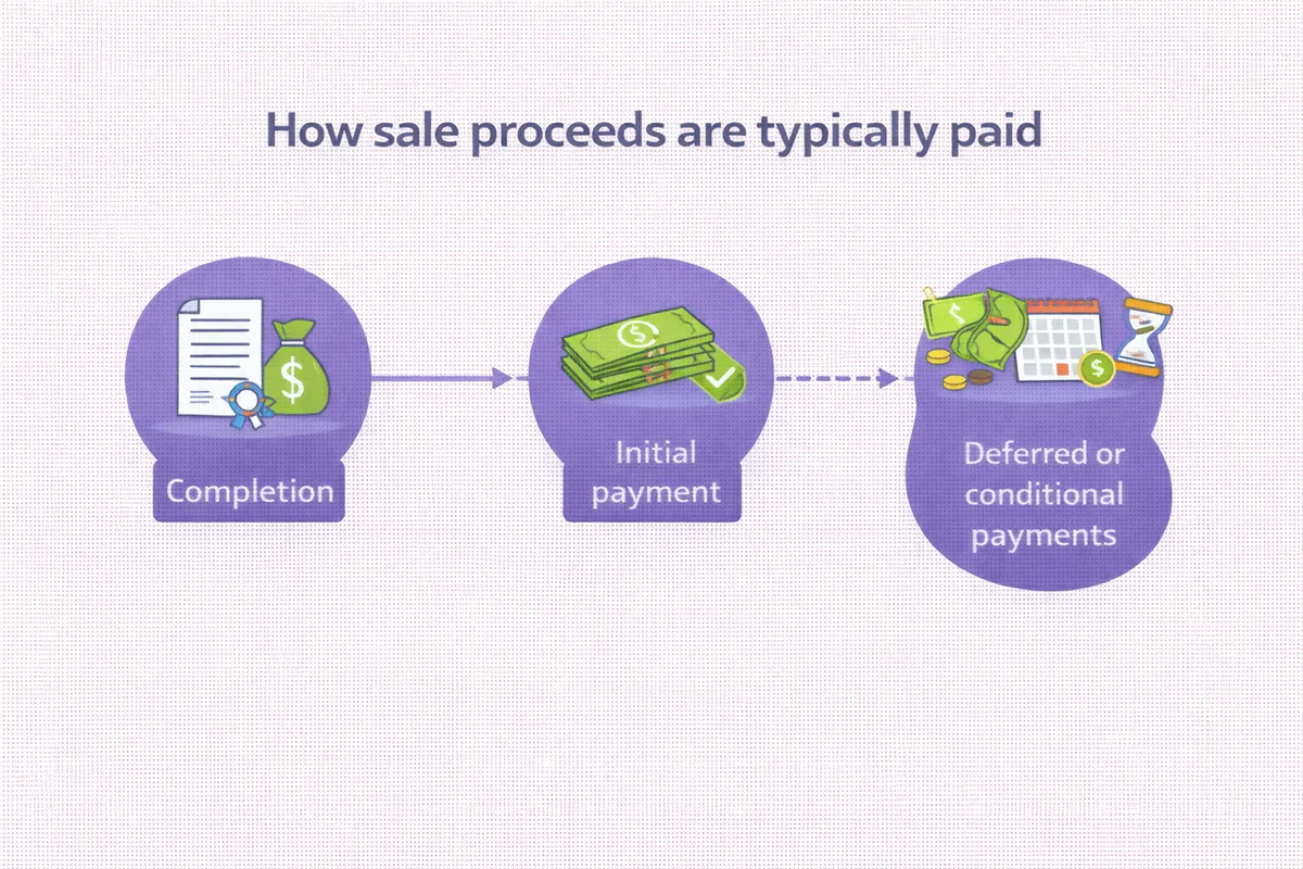 Infographic showing how sale proceeds are typically paid in a business sale including completion initial payment and deferred or conditional payments Future Business Brokers Pty Ltd