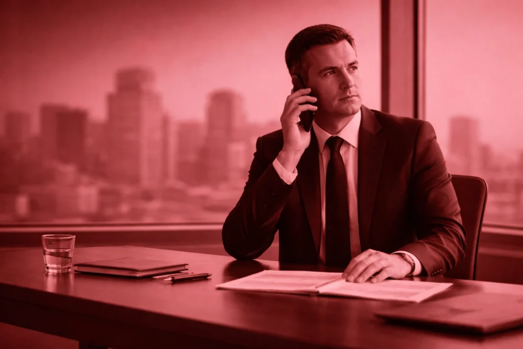 Business owner negotiating a business sale with a buyer while reviewing documents during a professional phone call in a corporate office setting in Melbourne, Victoria