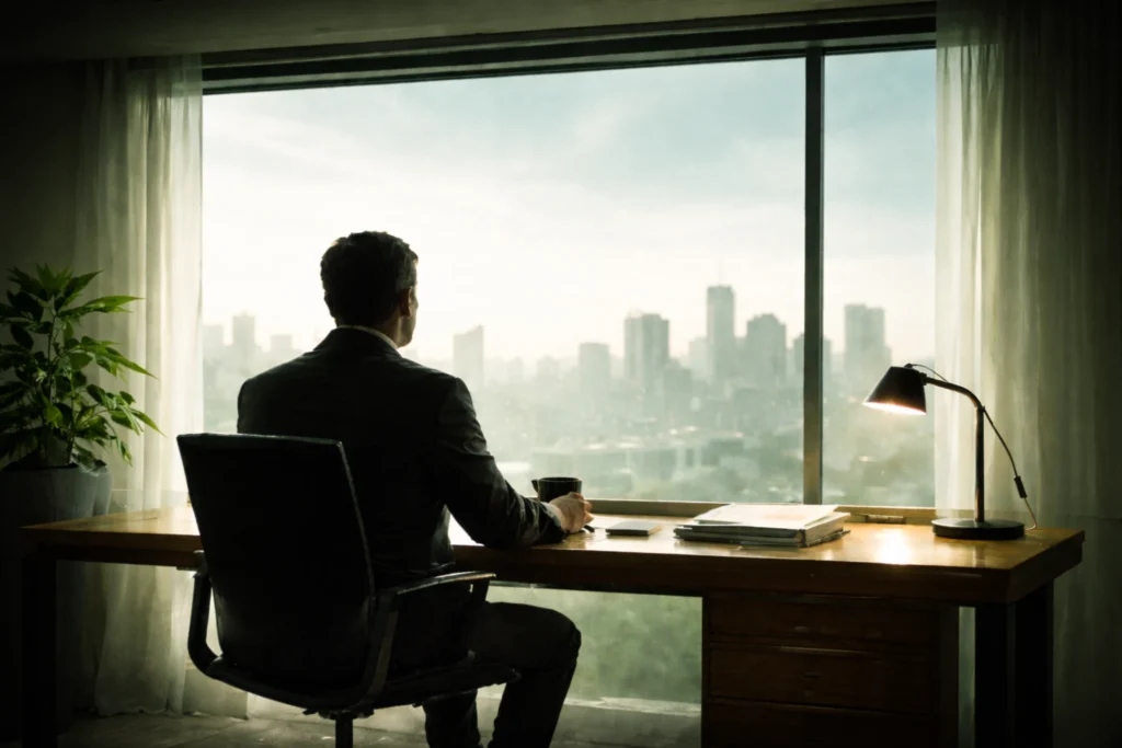 Business owner reviewing financial documents while looking over city skyline, representing how to value my business for sale, by Future Business Brokers Pty Ltd