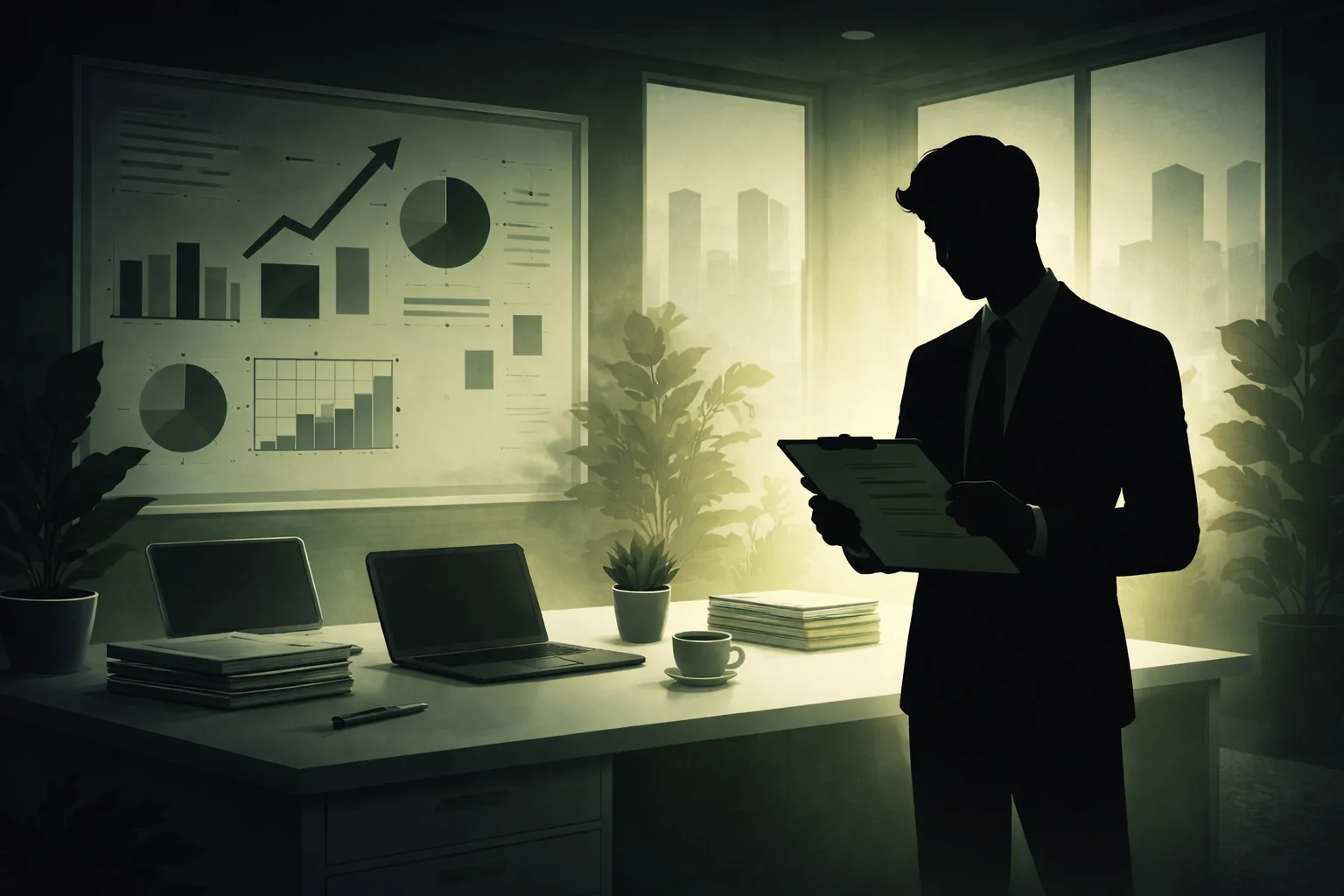 things to prepare your business for sale and a Silhouette of a business owner reviewing documents in a dark office, representing preparation and clarity before selling a business Future Business Brokers Pty ltd Melbourne