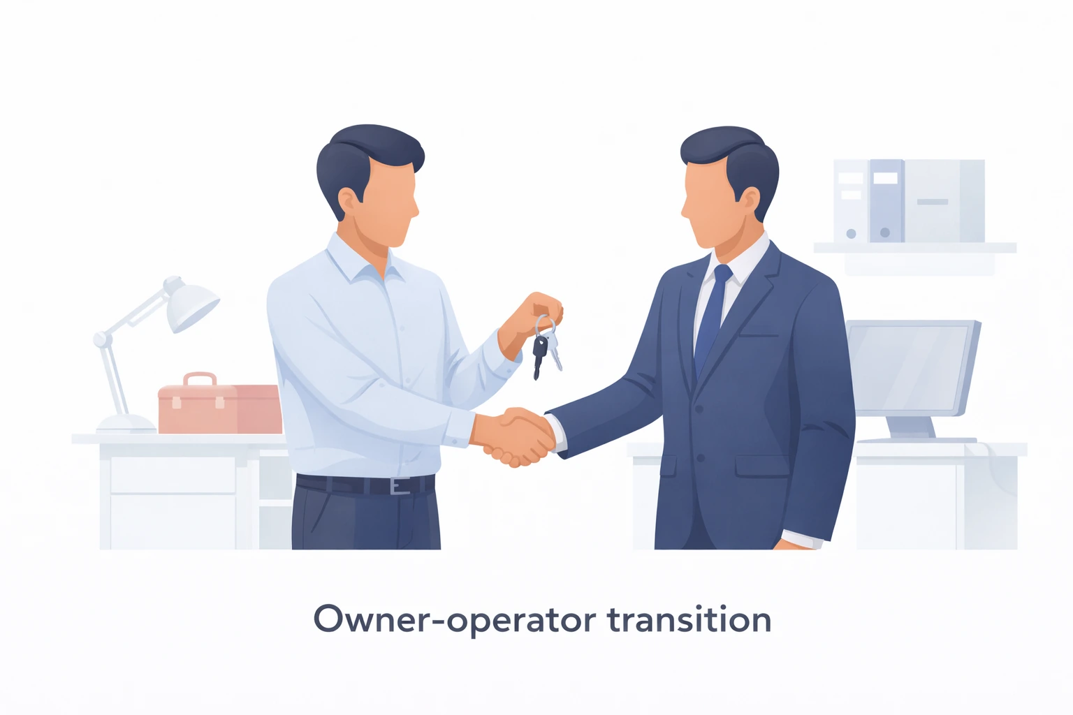 Professional illustration showing a small business owner handing over keys to a new individual operator to represent an owner-operator transition during a business sale Melbourne VIC