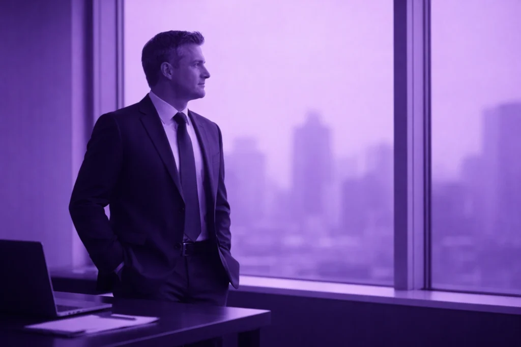 Professional purple toned corporate image of a business owner looking out over the city while planning how to protect confidentiality when selling a business in Melbourne, highlighting discretion and controlled information management
