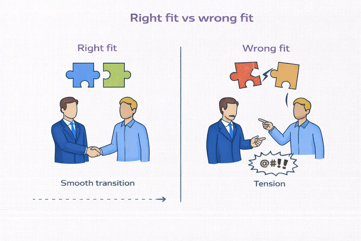 Visual comparing right fit versus wrong fit in a business sale showing aligned expectations and smooth transition versus misalignment and tension Future Business Brokers Pty Ltd