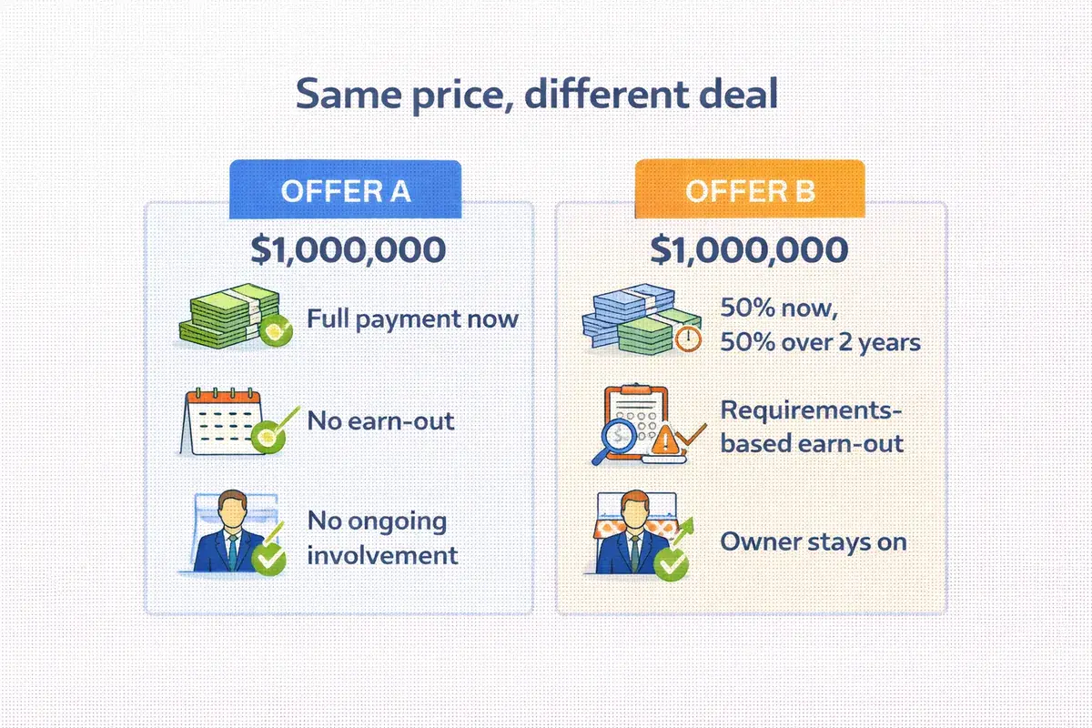 Visual comparing two business sale offers at the same price showing differences in payment timing conditions and owner involvement Future Business Brokers Pty Ltd