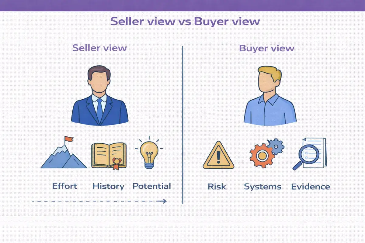 Diagram comparing seller view versus buyer view in a business sale showing effort history and potential versus risk systems and evidence FBB