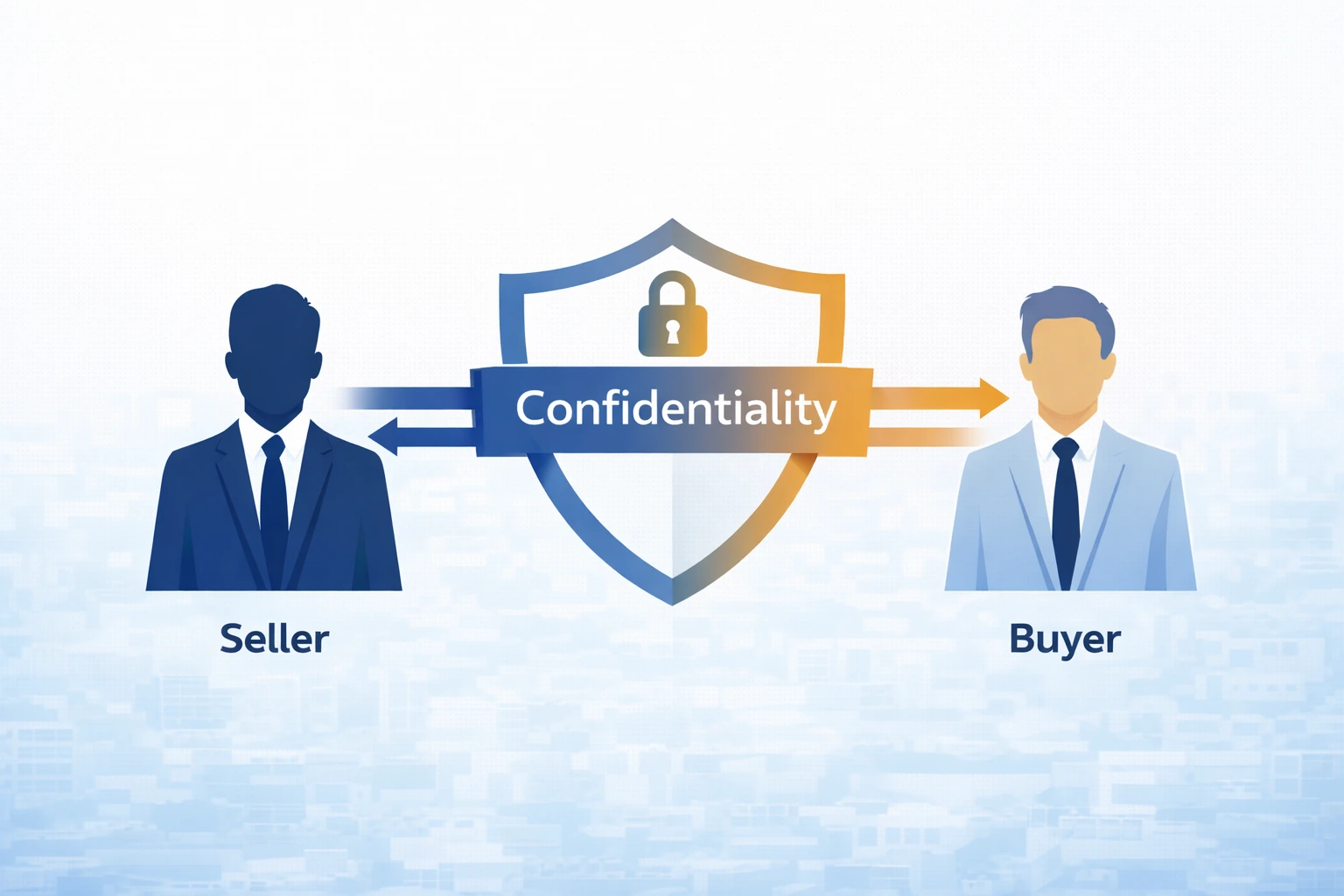 Professional infographic showing seller and buyer connected by a central shield representing shared confidentiality interest when selling a business in Melbourne