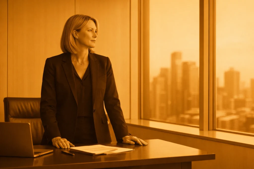 Professional business owner considering whether to use a business broker to sell a business, standing in an office overlooking Melbourne Victoria – Future Business Brokers Pty Ltd