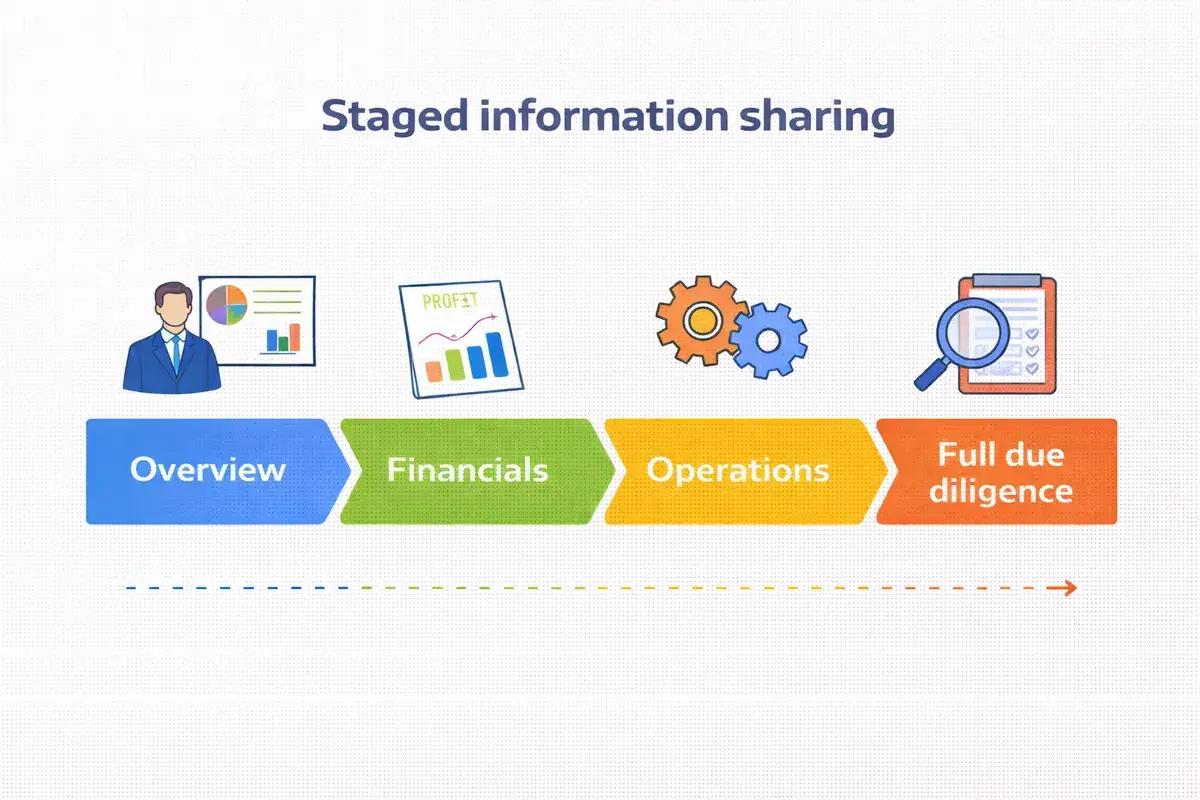 Melbourne Business Brokers Diagram showing staged information sharing in a business sale from overview to financials operations and full due diligence