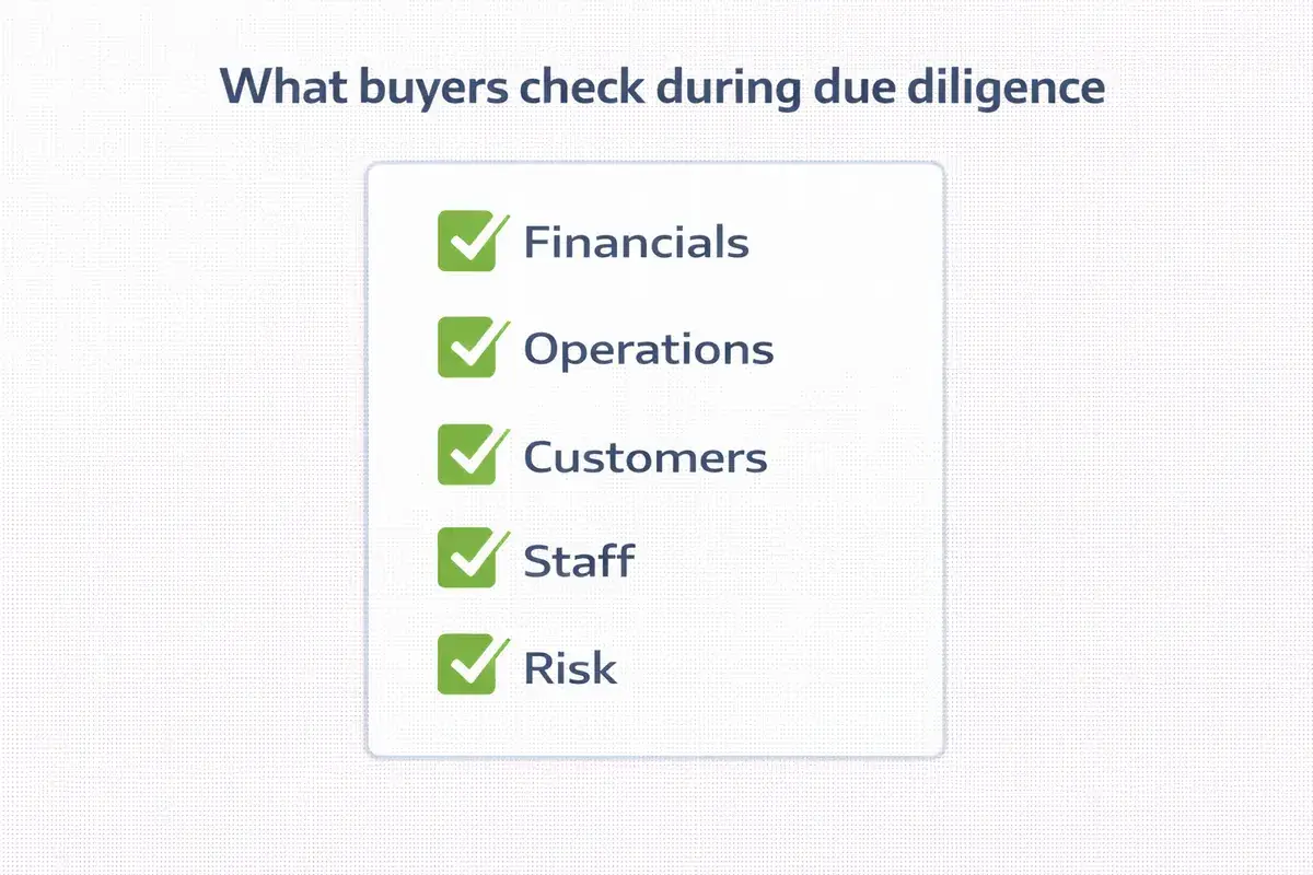 Checklist showing what buyers check during due diligence including financials operations customers staff and risk future business brokers pty ltd Melbourne VIC