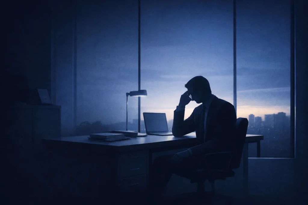 Moody blue-toned illustration of a business owner reflecting on when to sell a business and whether the timing is right Future Business Brokers Pty Ltd
