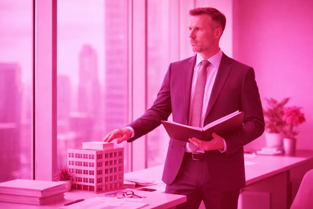 Business owner reviewing a commercial property model in a corporate office setting representing different buyer types when selling a business by Future Business Brokers Pty Ltd