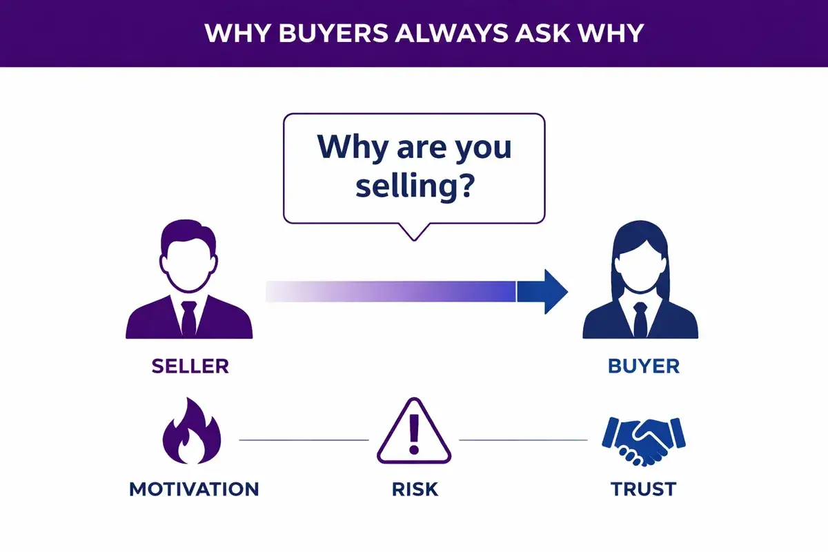 infographic with business buyer asking business seller reason for sale