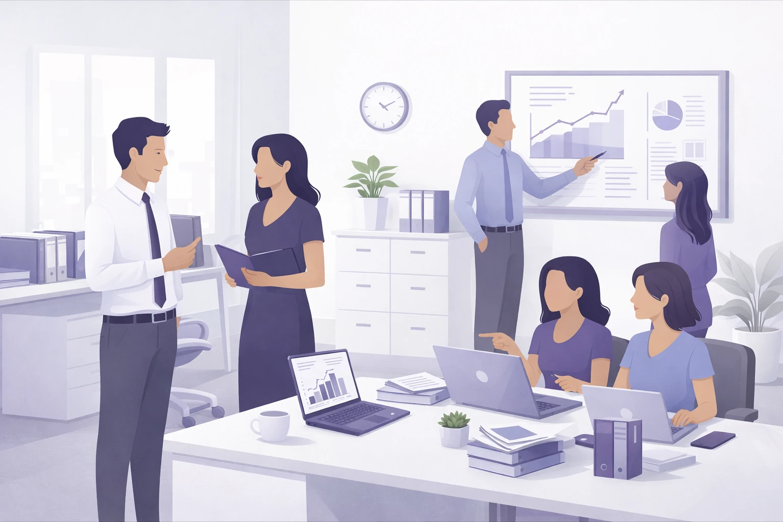 Organised workplace with employees collaborating calmly illustrating positive business culture and operational order buyers notice during a business sale site visit