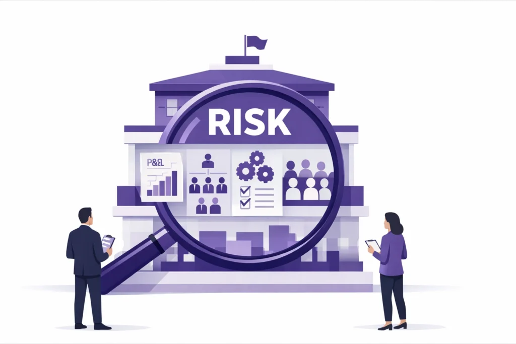 Illustration showing how buyers assess risk in a business sale with magnifying glass analysing financials people systems and customers