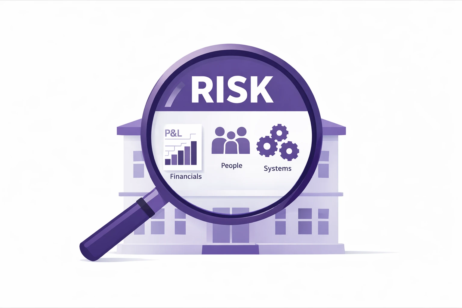 Illustration showing buyers assessing risk in a business sale through a magnifying glass analysing financials people systems and customers