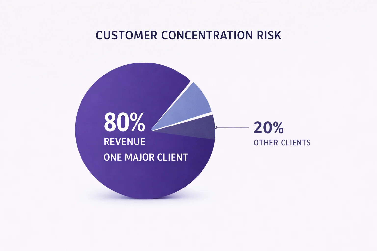 Pie chart showing customer concentration risk with 80 percent of revenue from one client and remaining revenue spread across other clients in a business sale context in Melbourne