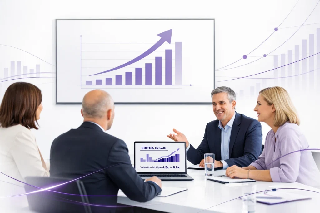 Business owners and advisors reviewing EBITDA growth and valuation multiples in a Melbourne boardroom strategy meeting