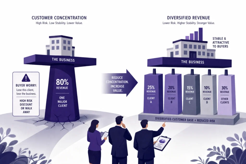How to reduce customer concentration before a business sale showing diversified revenue improving stability and business value in Melbourne