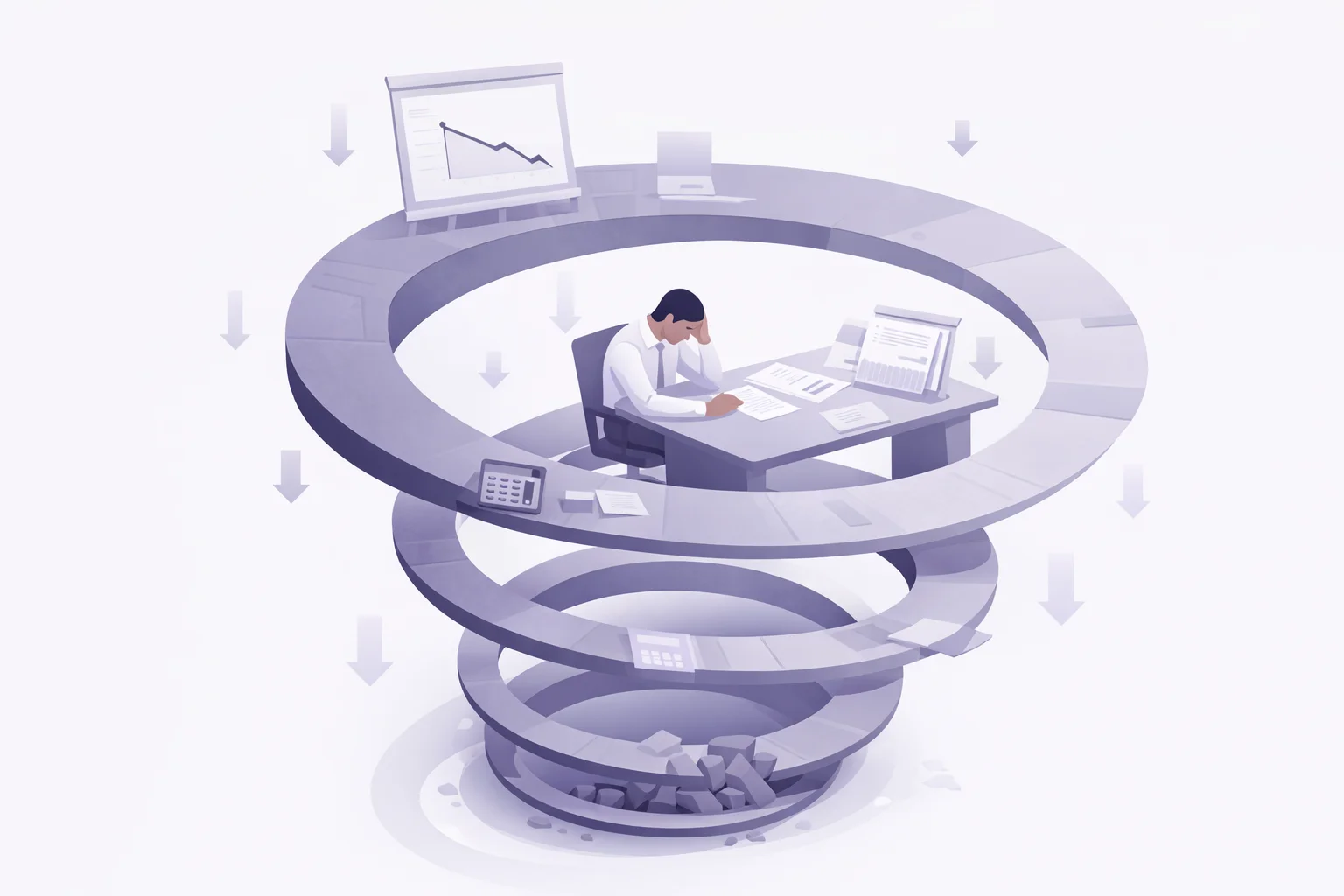 Subtle downward spiral illustrating declining business performance and risk when sale preparation is delayed