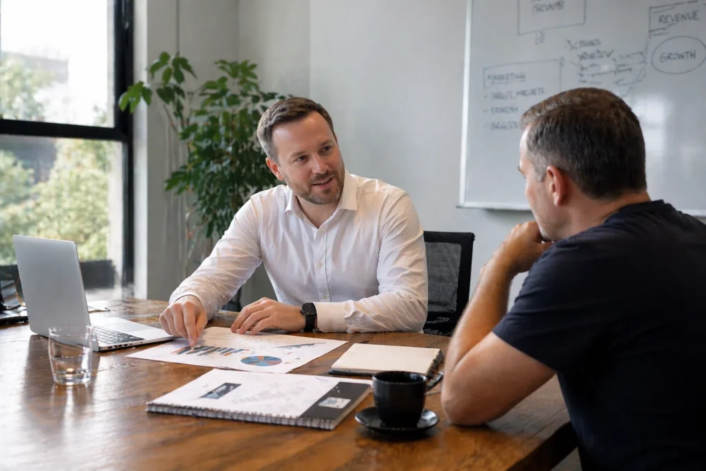 business owner preparing business for sale with advisor reviewing performance and strategy in a professional Melbourne office