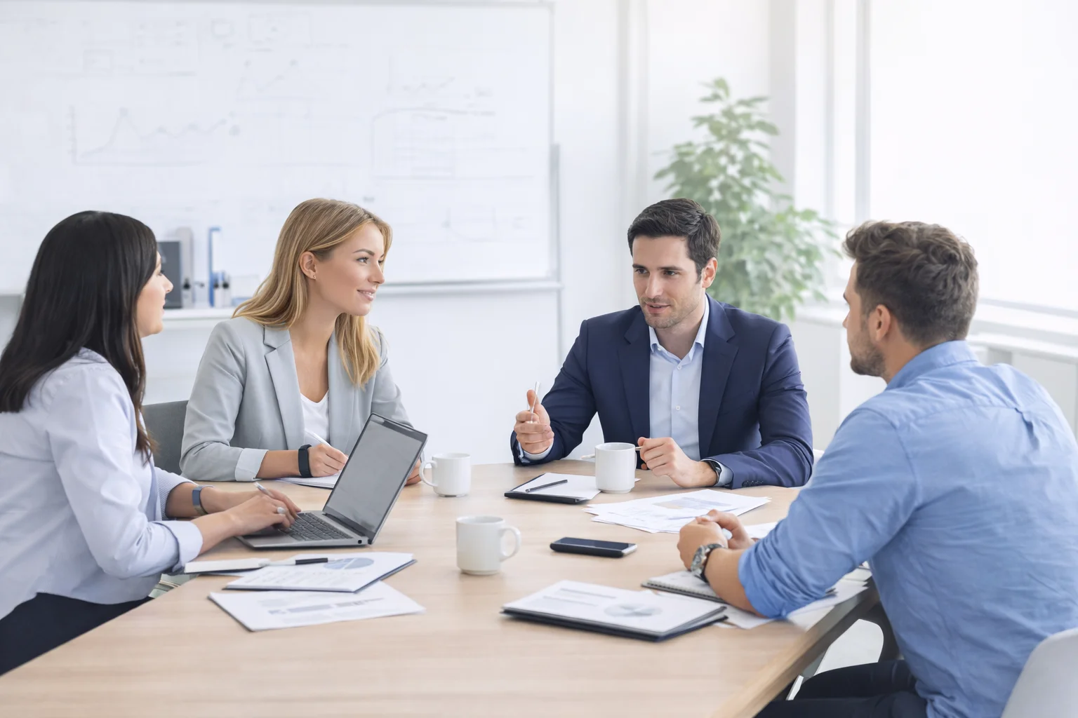 Small business team in discussion in a neutral office showing collaboration and continuity during a business sale transition