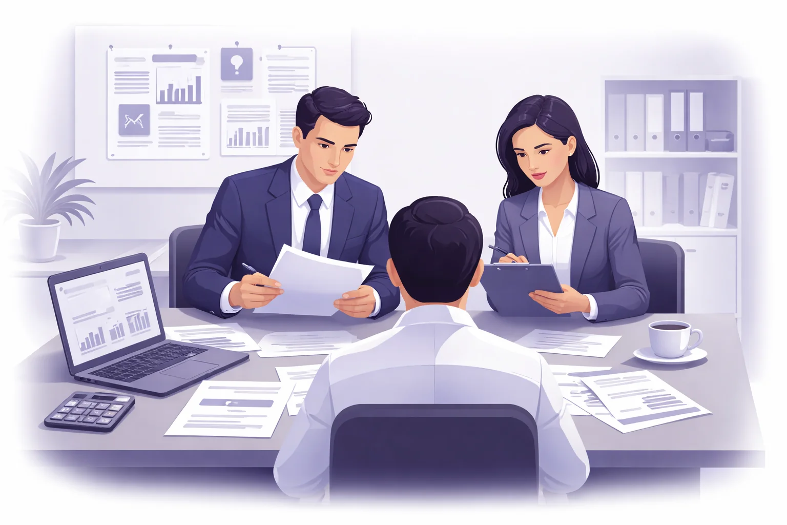 Two professionals reviewing business documents during due diligence with serious tone