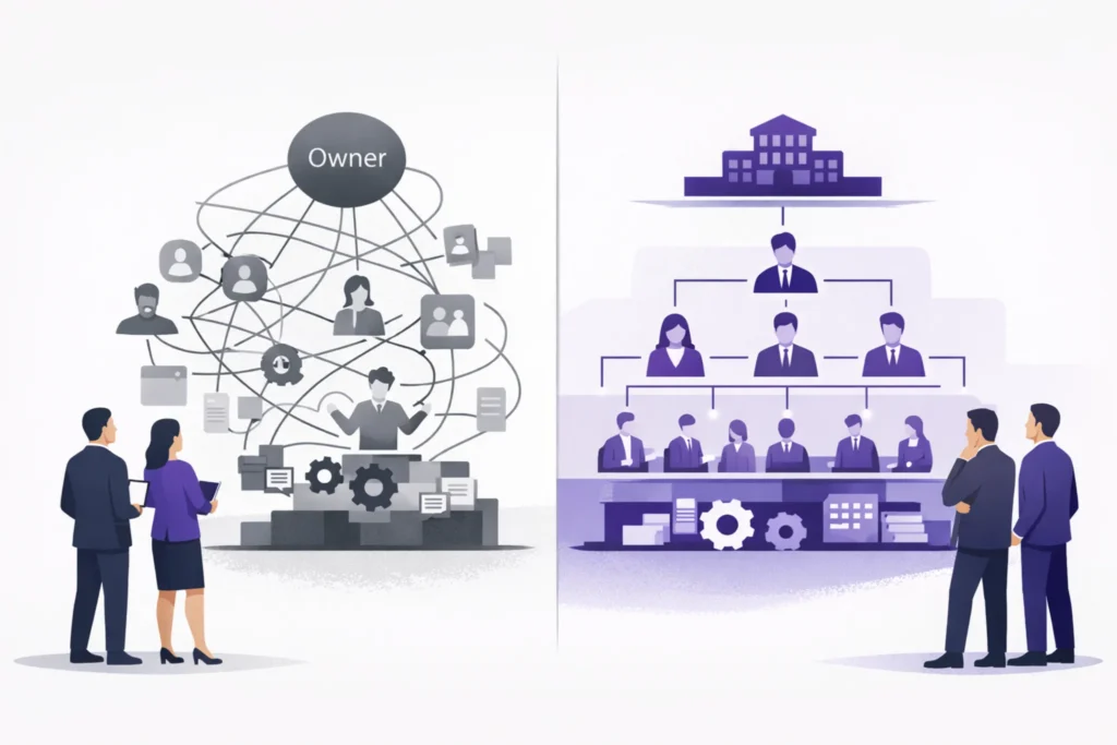 Diagram showing owner dependent business vs structured management team before selling a business in Melbourne Victoria