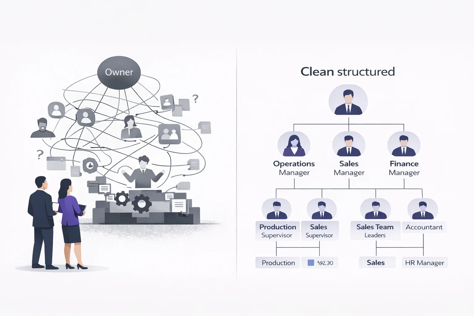 Split diagram showing messy owner dependent business structure compared to a clean organised management structure before selling a business