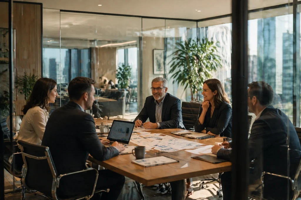 business owners preparing their business for sale in a professional meeting discussing strategy and performance Melbourne