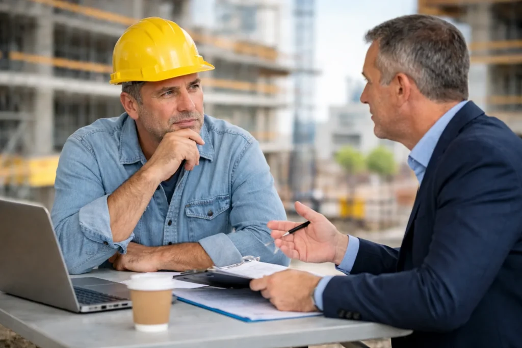 Construction business owner discussing how to sell a business on a Melbourne job site