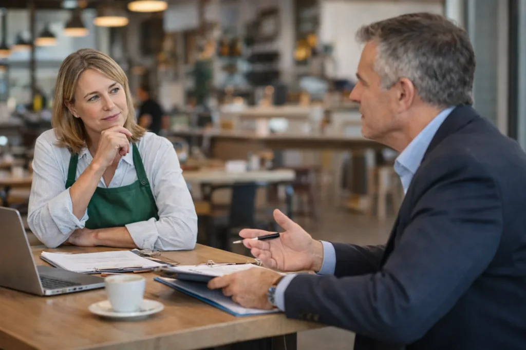 Restaurant business owner discussing how to sell a business with advisor in Melbourne