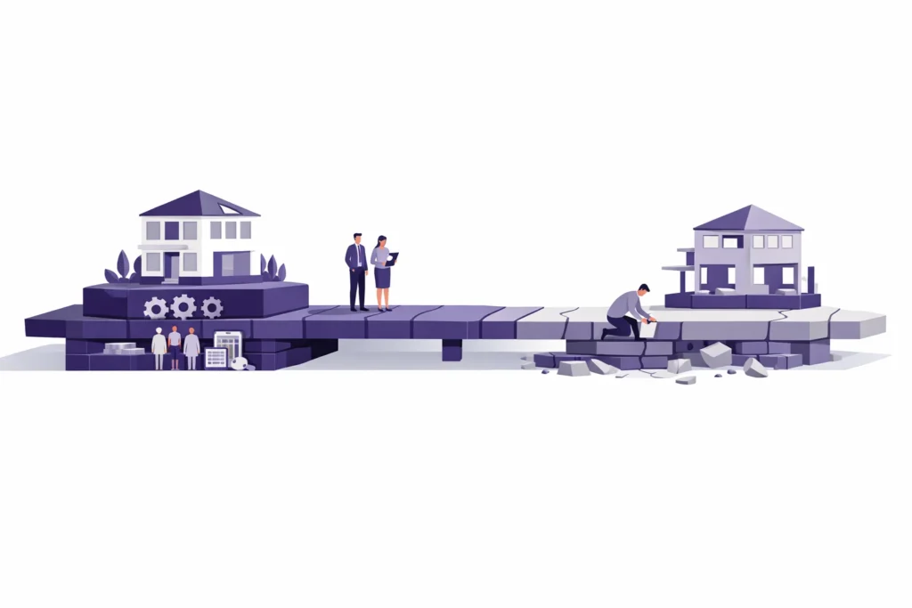 Business preparation concept showing a structured business on one side and a damaged one on the other, connected by a bridge being repaired to prepare for sale